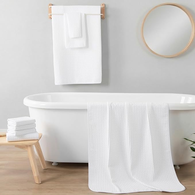 REDKISS 8 Pack Microfiber Waffle Bath Towels - Ivory Waffle Towels for Bathroom, Extra Large, Highly Absorbent, Quick Dry Bath Towel Set, Lint Free Bathroom Towel for Gym, Shower, Hotel and Spa
