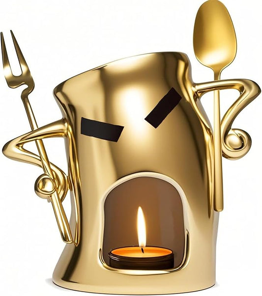 Chocolate Fondue Mug with Attitude - Ceramic Melting Cup for Chocolate Fondue Set, Mini Dessert Party with Fork & Shovel (Gold)