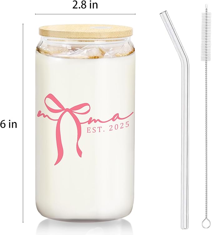 Mama Gifts Glass Cup with Lids and Straws 14oz, Best Mother's Day Birthday Gifts for Mama Mom from Daughters Sons Glass Iced Coffee Tumbler Drinking Jars with Cleaning Brush
