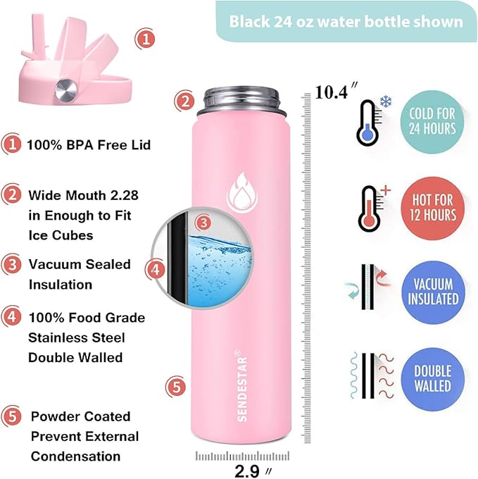 SENDESTAR Stainless Steel Wide Mouth Water Bottle 24oz Double Wall Vacuum Insulated Leak Proof Bottle with New Flex Straw Lid & Spout Lid XIN-PH-0750-1