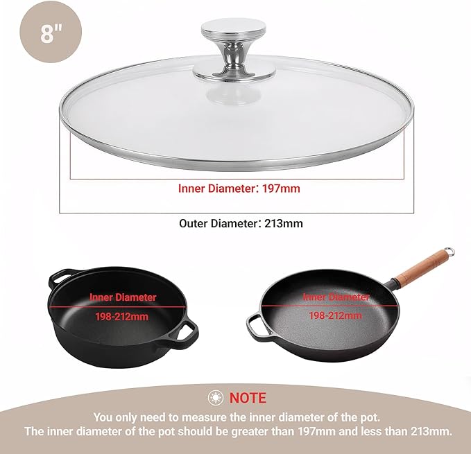 8 Inch Pan Lid for Frying Pan, Skillet, 4mm Clear Tempered Glass, Compatible with Dishwasher and Ovens