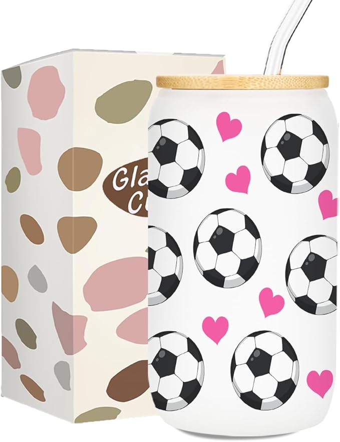 Soccer Gifts, Iced Coffee Cup, 16 oz Glass Cups with Lids Straws, Soccer Accessories, Birthday Christmas Gifts for Women Mom Coach Players Teams Sport Lovers, Party Favors
