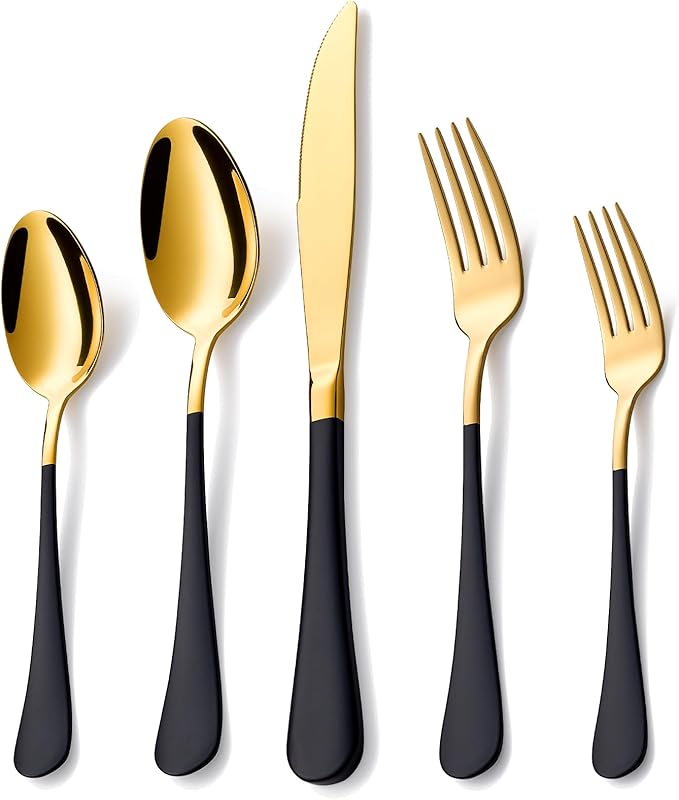 20 Piece Gold and Black 18/0 Flatware Utensil Set for 4, Include Dinner Knife,Dinner Forks,Dinner Spoons,Salad Forks,Teaspoons,Silverware Set for 4, Dishwasher Safe