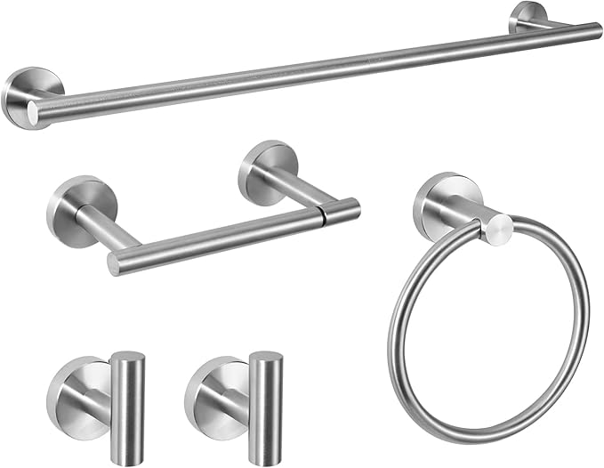 5-Piece Towel Racks for Bathroom, Stainless Steel Bathroom Accessories Set, Bathroom Towel Holder Wall Mounted, Sturdy Bath Towel Bar Set Bathroom Hardware Set (Brushed, 2 Pillar Paper Holder)