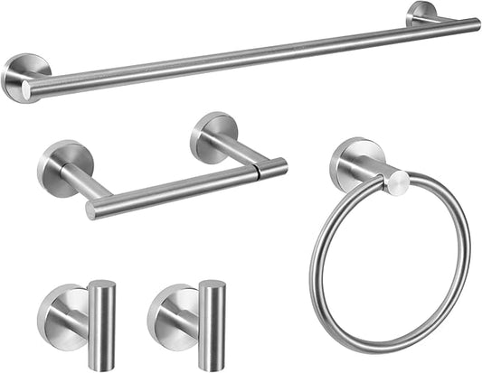 5-Piece Towel Racks for Bathroom, Stainless Steel Bathroom Accessories Set, Bathroom Towel Holder Wall Mounted, Sturdy Bath Towel Bar Set Bathroom Hardware Set (Brushed, 2 Pillar Paper Holder)