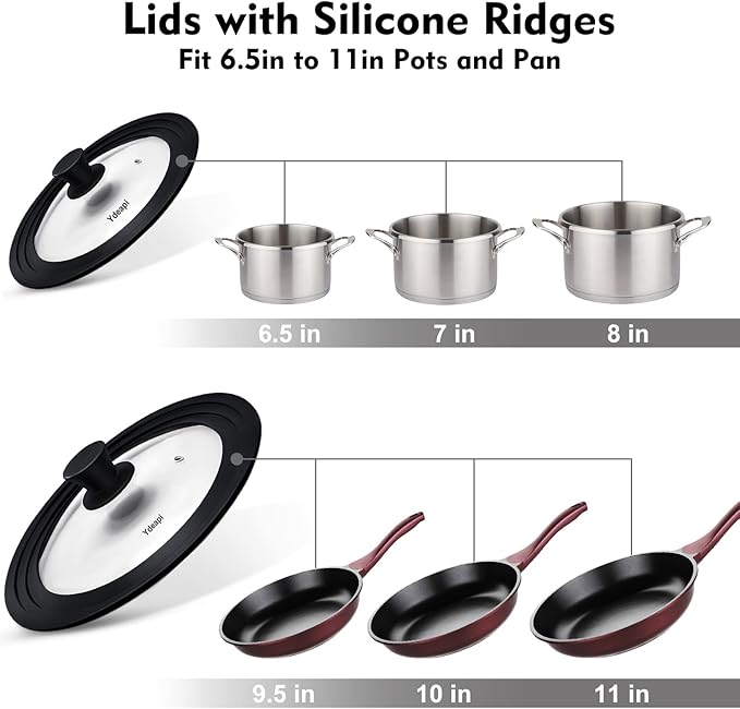 Universal Lids for Pots, Pans & Skillets - Fits 6.5", 7" & 8" Diameter, 9.5", 10" & 11" Diameter Cookware，Tempered Glass with High Heat Resistant Silicone Rim-2PK Cookware（2PK）