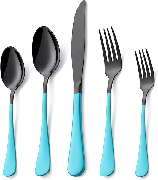 20 Piece Black Sky Blue 18/0 Flatware Utensil Set for 4, Include Dinner Knife,Dinner Forks,Dinner Spoons,Salad Forks,Teaspoons,Silverware Set for 4, Dishwasher Safe