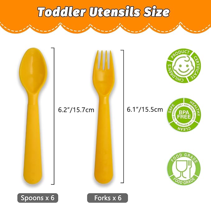 12 Pcs Kids Spoons and Forks Toddler Utensils Plastics Reusable Silverware Baby Cutlery Set Feeding Dinnerware Utensils BPA Free Microwave Dishwasher and Freezer Safe- Yellow