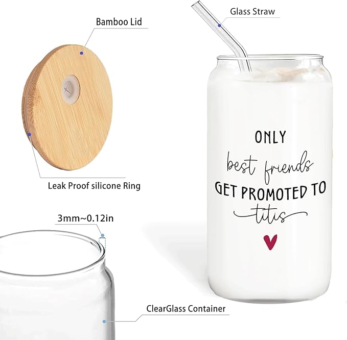 Titi Aunt Announcement Gifts Glass Cup with Lids and Straws 14oz, Pregnancy Announcement for Aunt Auntie, Get Promoted to Titi Glass Iced Coffee Tumbler Drinking Jars with Cleaning Brush