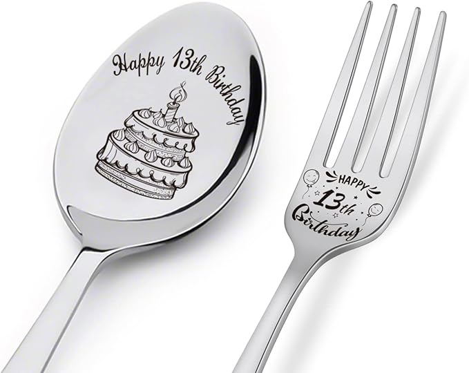 Happy 13th Birthday Spoon&Fork Gifts Engraved Spoon&Fork Personalized Birthday Gifts for Son Daughter Sister Brother Friends