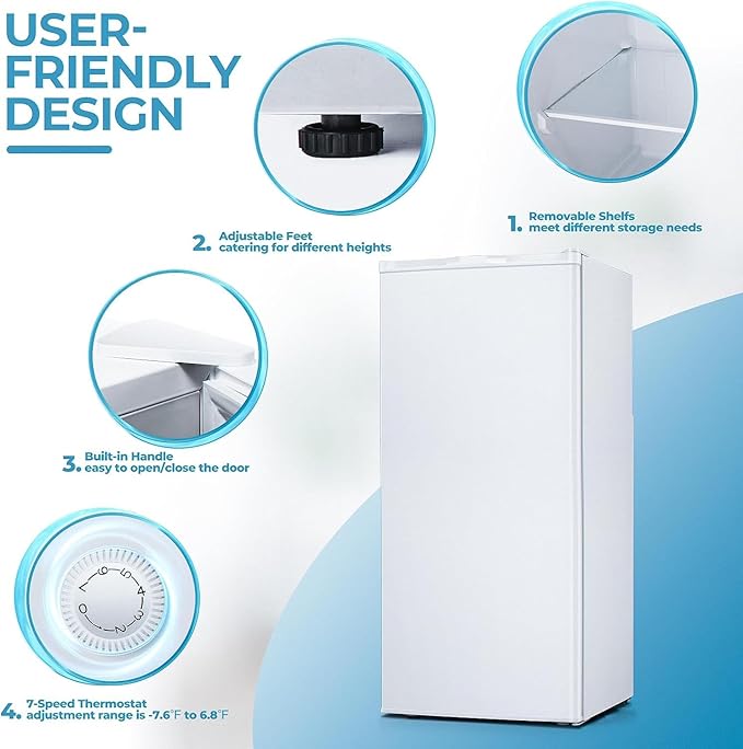 6.0 Cu.ft Upright Freezer, Small Stand Up Freezer with Adjustable Thermostat, Removable Glass Shelves, for Bedroom/Home/Dorms/Apartment, White