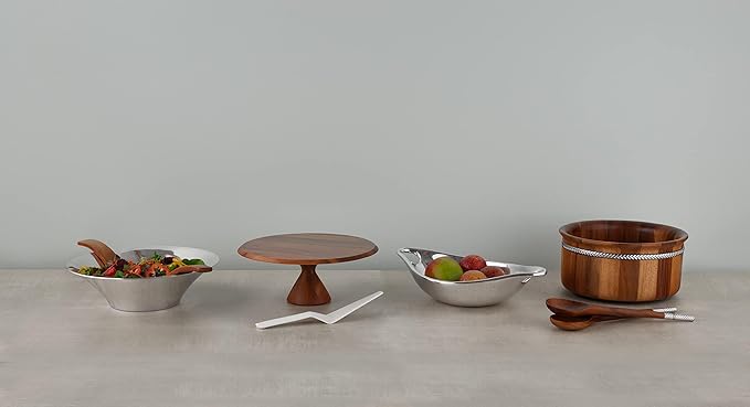 Nambe Quatro Cake Plate with Server | Acacia Wood Footed Cake Stand and Porcelain Cake Knife | Dessert Display Stand for Cupcakes, Cookies, Birthday Parties, and Weddings (11.5")