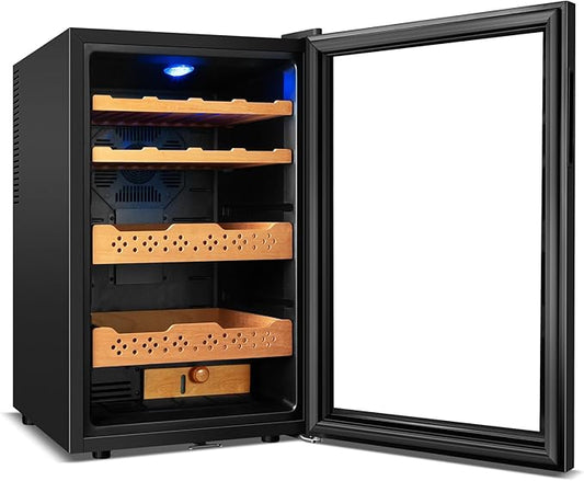 Tylza Cigar Humidor Cabinet 70L, Temp & Humidity Control Electric Humidors for Cigars, 486 Cigars, Digital Hygrometer, Safety Lock, Cigar Humidors with Cedar Wood Drawer Shelves, Cigar Gifts for Men