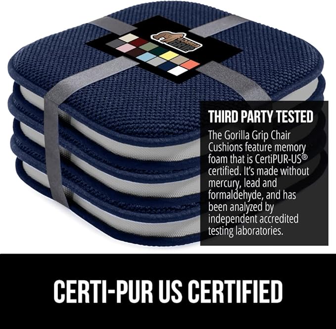 GORILLA GRIP Slip Resistant Chair Cushions, No Ties Required, Set of 6 Memory Foam Pads for Dining Room, Kitchen Table, Office, Rocking Chairs, Plush Seat Cover Cushion Pad, Home Decor, 16x16, Navy