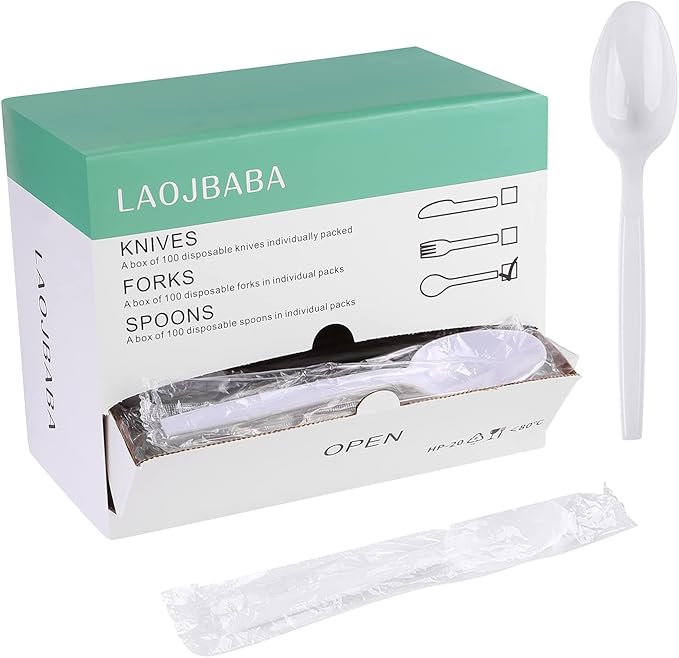 Plastic Spoons Disposable Individually Packaged Spoon White 7Inch Commercial Take Away Spoons Heavy Individually Wrapped 100 PCS