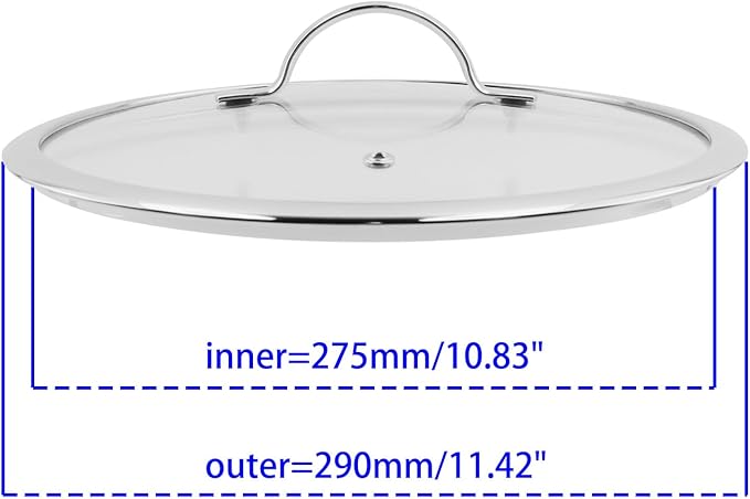 Woogim 11 Inch Tempered Glass Lid with Stainless Steel Handle,Wide Edge Design for Secure Seal,Dishwasher Safe,Oven up to 480℉,Universal Fit for Cast Iron Skillets & Stainless Steel Pots