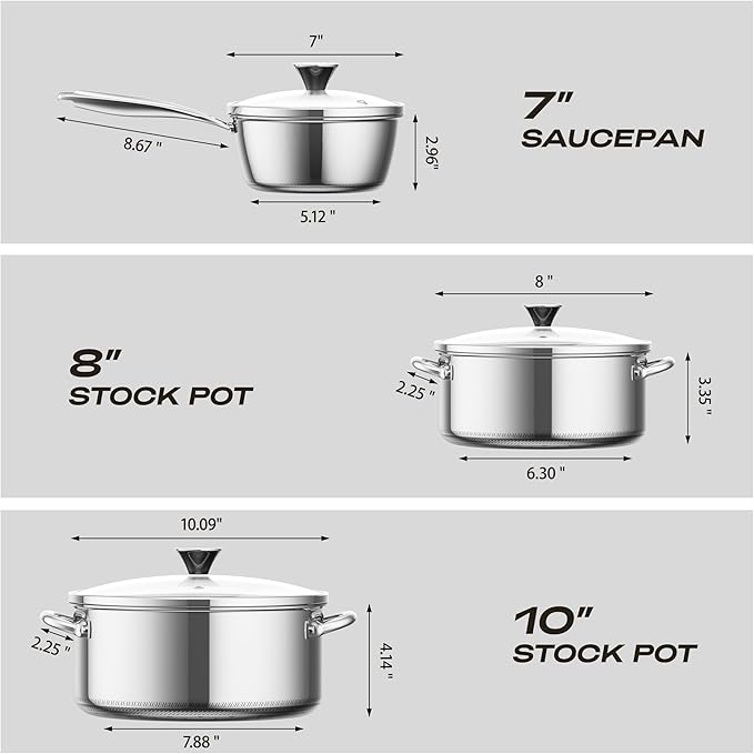 Stainless Steel Pots and Pans Set,6 Piece Nonstick Cookware Set,1,2 and 4 Quart Pots Set with Glass Lids,PFAS PFOA PTFE Free,Stay-Cool Handle,Dishwasher-Friendly,Oven-Safe,Compatible with All Cooktops