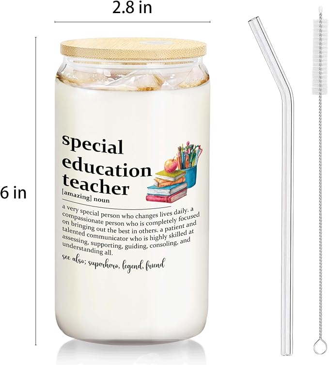 Special Education Teacher Glass Cup with Lids and Straws 14oz, SPED Teacher Appreciation Gifts, Teachers Gifts for Women Glass Iced Coffee Tumbler Drinking Jars with Cleaning Brush
