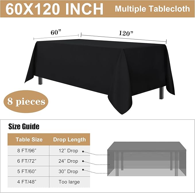 sancua 8 Pack Black Tablecloth 60 x 120 Inch, Rectangle Table Cloth for 8 Feet Tables - Stain and Wrinkle Resistant Washable Polyester Table Cover for Dining Tables, Buffet Parties and Camping
