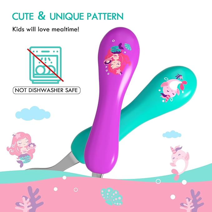 Lehoo Castle 6 Pieces Toddler Utensils, Kids Silverware for 2 3 4 Years Old, Stainless Steel Fork and Spoon Set with Plastic Handle, Safe Toddler Cutlery (Mermaid)