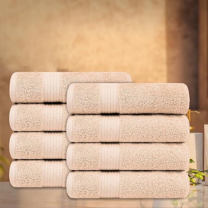 Ample Decor Hand Towel 18 X 28 Inch Pack of 8 600 GSM 100% Cotton,Oeko Tex Certified Soft Absorbent Thick Durable Premium Quality, for Hotel, Bathroom, Spa, Daily Use,Gym-Machine Washable-Beige