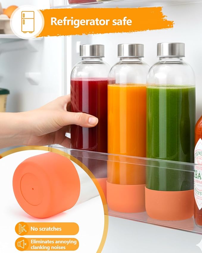 Zukro 32 oz Glass Juice Bottles With Lids, 3 Pack Large Clear Glass Bottle with Airtight Stainless Steel Lids For Juicing, Water, Homemade Drinks, Non-slip Silicone Base, Leak Proof & BPA Free