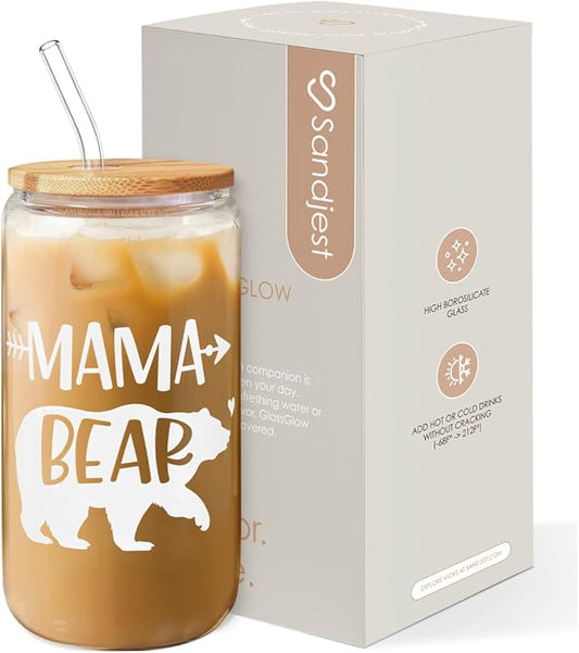 Gifts for Mom from Daughter Son - Mom 16 Oz Can Glass Coffee Cup with Bamboo Lid & Straw - Mothers Gift for Women on Birthday Mothers Day