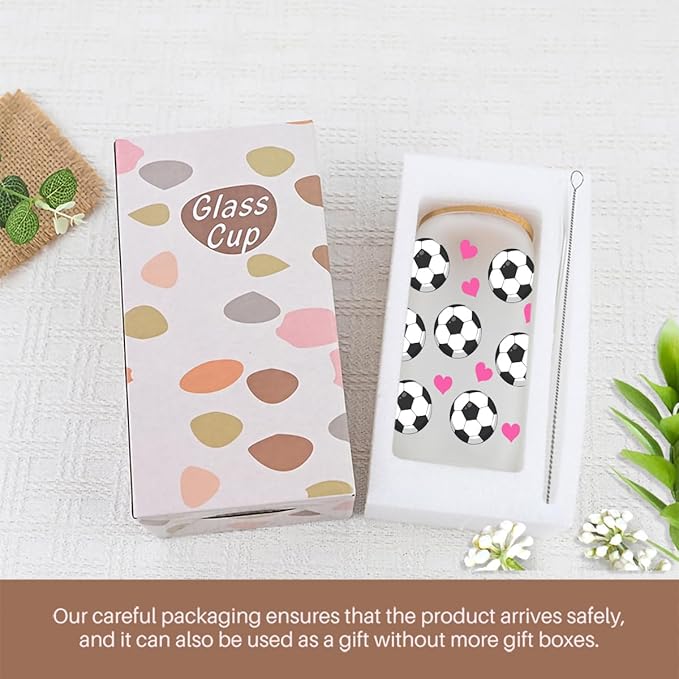 Soccer Gifts, Iced Coffee Cup, 16 oz Glass Cups with Lids Straws, Soccer Accessories, Birthday Christmas Gifts for Women Mom Coach Players Teams Sport Lovers, Party Favors