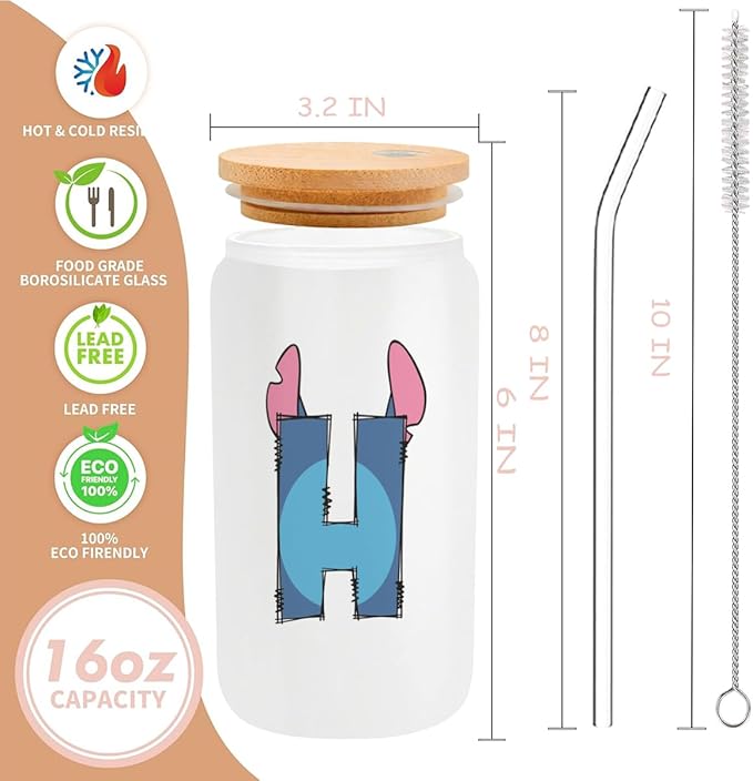 Cute Cartoon Lover Gifts Initial A-Z Personalized Iced Coffee Cup Cartoon Merch 16oz Glass Cup with Lid and Straws Birthday Christmas Gifts for Women Teen Girls Fans (Letter H)