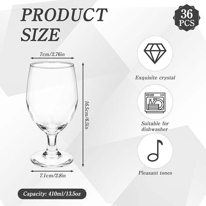 36 Pcs Clear Glasses 13.5 Oz Glass Stemmed Drinks Cup for Dishwasher Wine Juice Milk Beer Cold Beverages