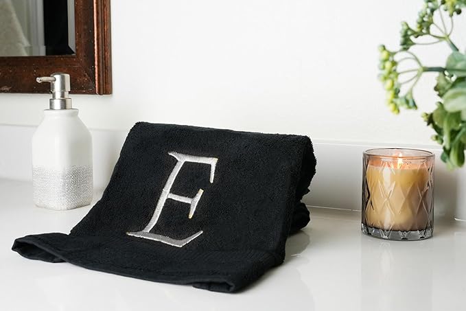 Black Monogram Hand Towel for Bathroom - Monogrammed Initial Hotel Quality Decorative Embroidered Luxury Towel for Powder Room, Spa - GOTS Organic Certified - Pack of 2 - Letter E