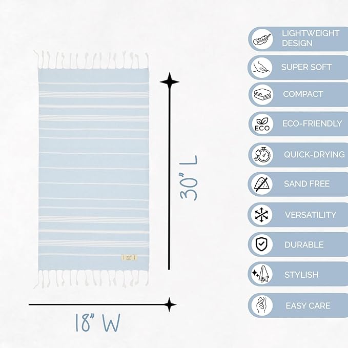 Hand Towels - Set of 2, 18" x 30" inches, Cotton, Decorative Peshtemal Cotton Hand Towels for Kitchen, Bath, Guest, Face, Hair, Gym, Yoga, Dishcloth, Travel (Baby Blue)