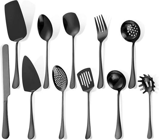 Black Utensils Catering Set 11-Piece Stainless Steel Spatula Turner Serving Spoon Fork Skimmer Ladle Cake Server Cutter, Buffet Banquet Kitchen Restaurant Hostess Set Easy to Clean