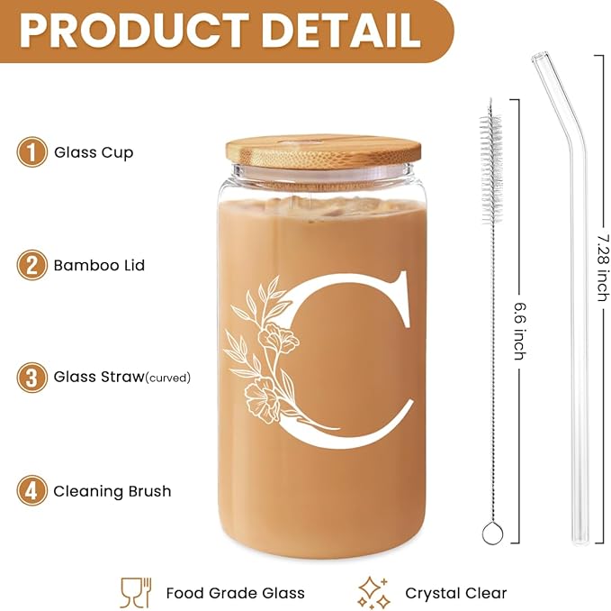 SANDJEST Monogrammed Gifts for Women - Monogram C Initial Glass Cup 16 Oz Can Coffee Cups with Lid and Straw - Monogram Initials Gifts for Womens on Birthday