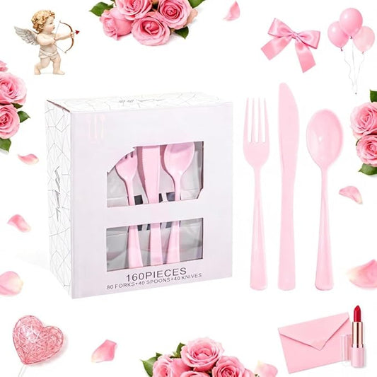 WDF 160 Piece Pink Plastic Silverware - Heavy Duty Pink Silverware Includes 80 Forks, 40 Spoons, 40 Knives, Plastic Utensils Perfect for Wedding, Party