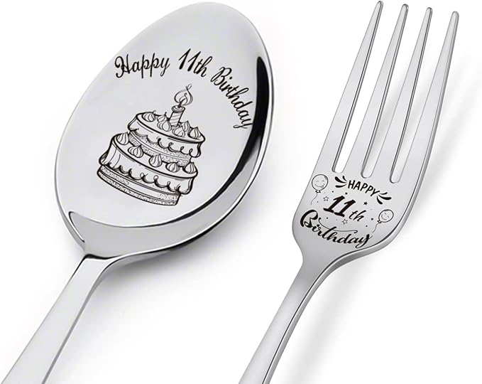 Happy 11th Birthday Spoon&Fork Gifts Engraved Spoon&Fork Personalized Birthday Gifts for Son Daughter Sister Brother Friends