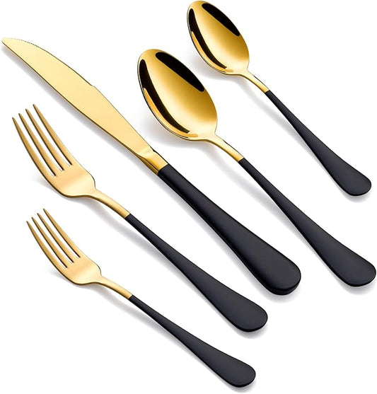 20-Piece Gold and Black Silverware Set for 4, 18/0 Stainless Steel Flatware Cutlery Utensils Set, Include Dinner Knives,Dinner Forks,Dinner Spoons,Salad Forks,Teaspoons,Dishwasher Safe