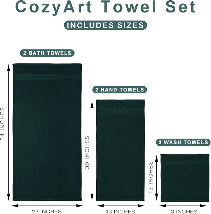 COZYART Deep Forest Green Bath Towel Set, Cotton Towel for Bathroom, Thick Soft Absorbent Bathroom Set of 6 with 2 Bath Towels, 2 Hand Towels, 2 Washcloths, 650 GSM