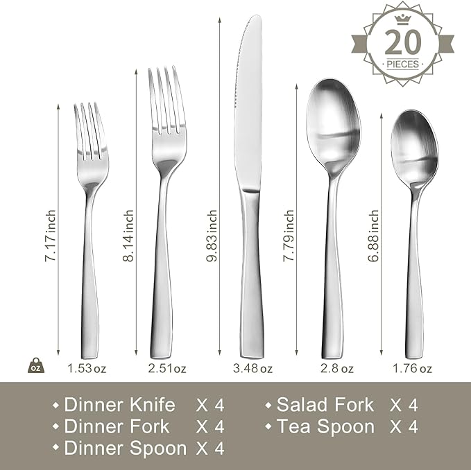 HIKAA Forged Silverware Set Stainless Steel Flatware Set,Service for 4,Matte Satin Polished Cutlery Set,Dishwasher Safe (Mattle Silver, 5PCS)