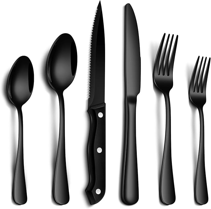 24-Piece Black Silverware Set with Steak Knives Food-Grade Stainless Steel Flatware Set for 4 Mirror Cutlery Include Spoon Fork Knife Set Dishwasher Safe Utensil Sets for Home Restaurant