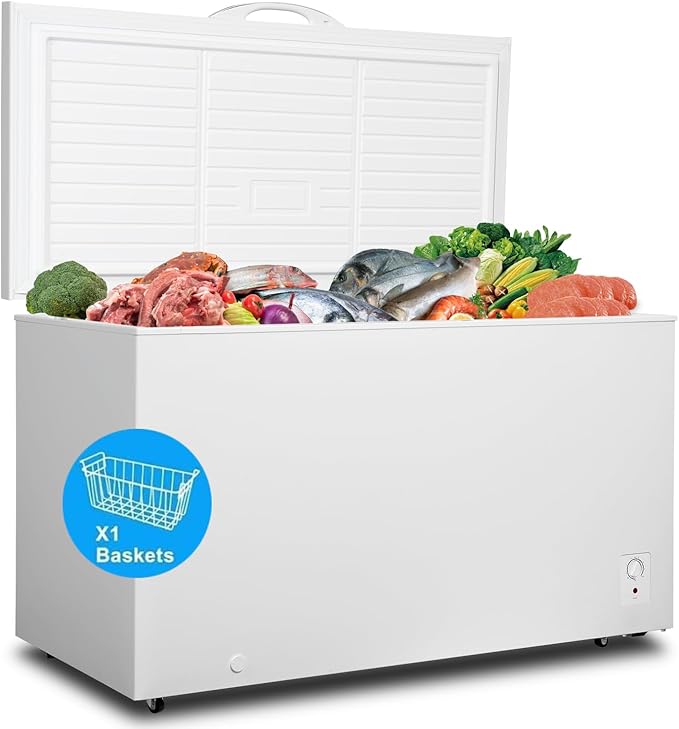 Deep Chest Freezer 14 Cubic Feet, Freezer Chest Garage Ready, 4 Wheels Large Storage Chest Freezer with 1 Basket, Low Noise, Energy Saving, Thermostat Control for Home, Office, Kitchen, White