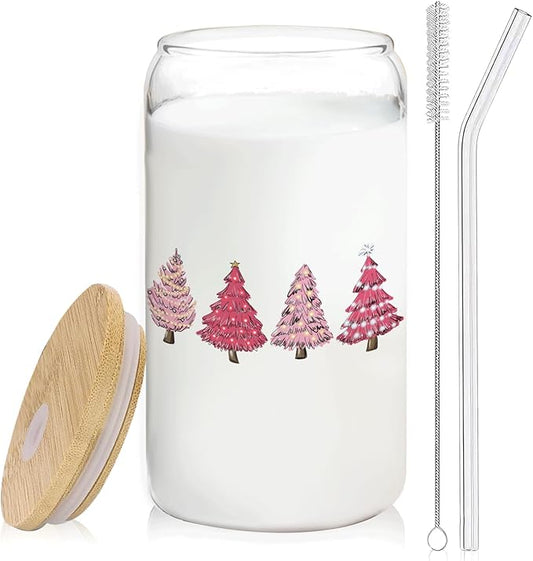 Pink Christmas Tree Decor Coffee Cup Glass With Lid And Straws 14oz,Xmas Tree Drinking Glasses Coffee Cups Water Bottles Gift For Women Kids Men