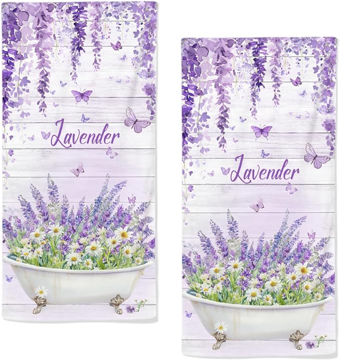 Lavender Hand Towels Set of 2 Lightweight Breathable Purple Floral Bath Towels Highly Absorbent Butterfly Lavender Towels for Bathroom Gym Hotel Decorative 28.7x13.7 Inch