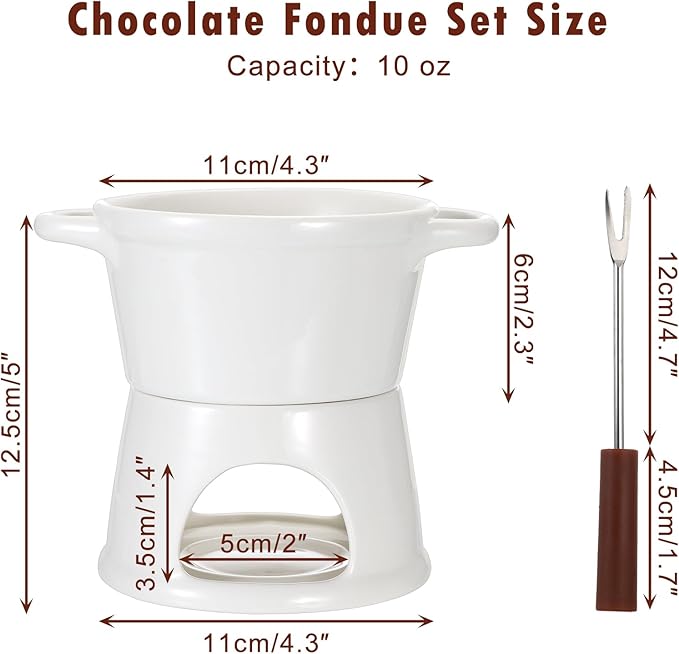 BSTKEY 300ML Ceramic Butter Warmer Set with 2 Forks, White Fondue Pot Melting Pot Set, Melt Hot Pot Bowl Set for Cheese Chocolate Butter Caramel