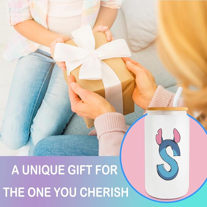 Cute Cartoon Lover Gifts Initial A-Z Personalized Iced Coffee Cup Cartoon Merch 16oz Glass Cup with Lid and Straws Birthday Christmas Gifts for Women Teen Girls Fans (Letter S)