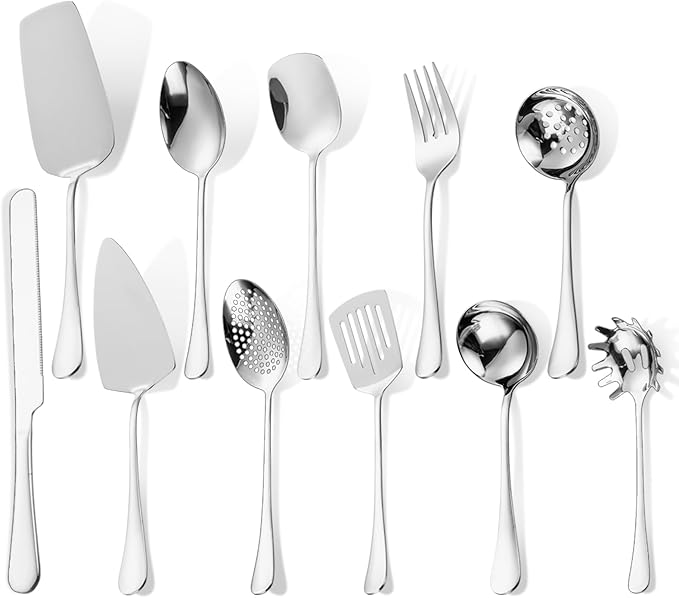 Serving Utensil Set 11-Piece Stainless Steel Modern Flatware Server All Metal Kitchen Cooking Tools Solid Spoon Slotted Ladle Skimmer Pasta Server Cake Knife Cutter Spatula Turner