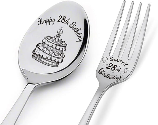 Happy 28th Birthday Spoon&Fork Gifts Engraved Spoon&Fork Personalized Birthday Gifts for Son Daughter Sister Brother Friends