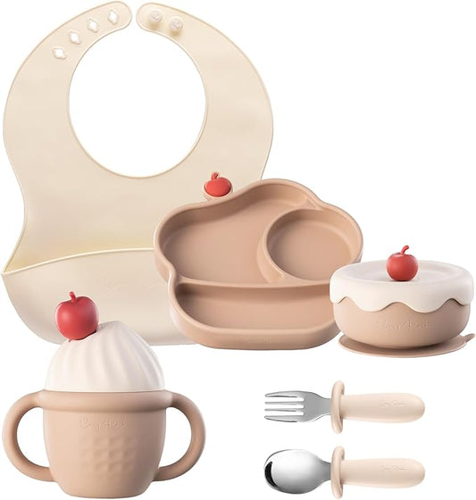 Silicone Baby Feeding Set, Gelato Collection Baby Led Weaning Supplies, First Self-Feeding Set with Suction Bowl & Plate, Sippy Cup & Bib, Fork & Spoon - Brown
