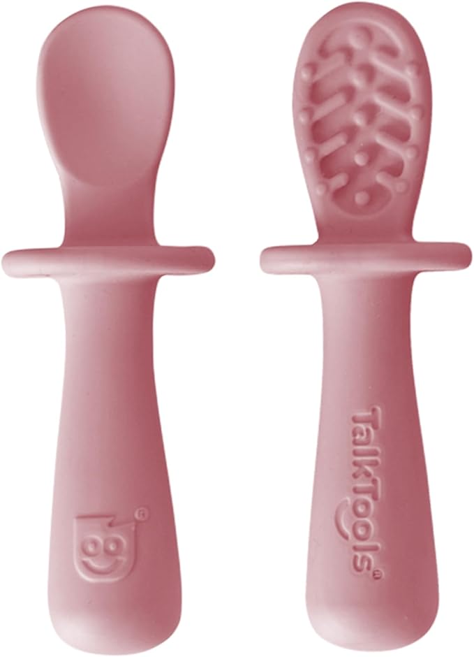 TalkTools ITSY Tiny Silicone Spoons – Twin Pack Soft Silicone Self-Feeding Training Spoons for Kids & Toddlers, Anti-Choking Flange Guard and Non-Slip Handle (Bubblegum)