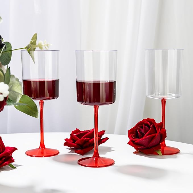Ciaell 12 Pack 10 Oz Clear Plastic Wine Glasses with Red Stem - Disposable Cocktail Goblets Perfect for Parties & Weddings & Poolside & Outdoors & Camping & Party & Christmas